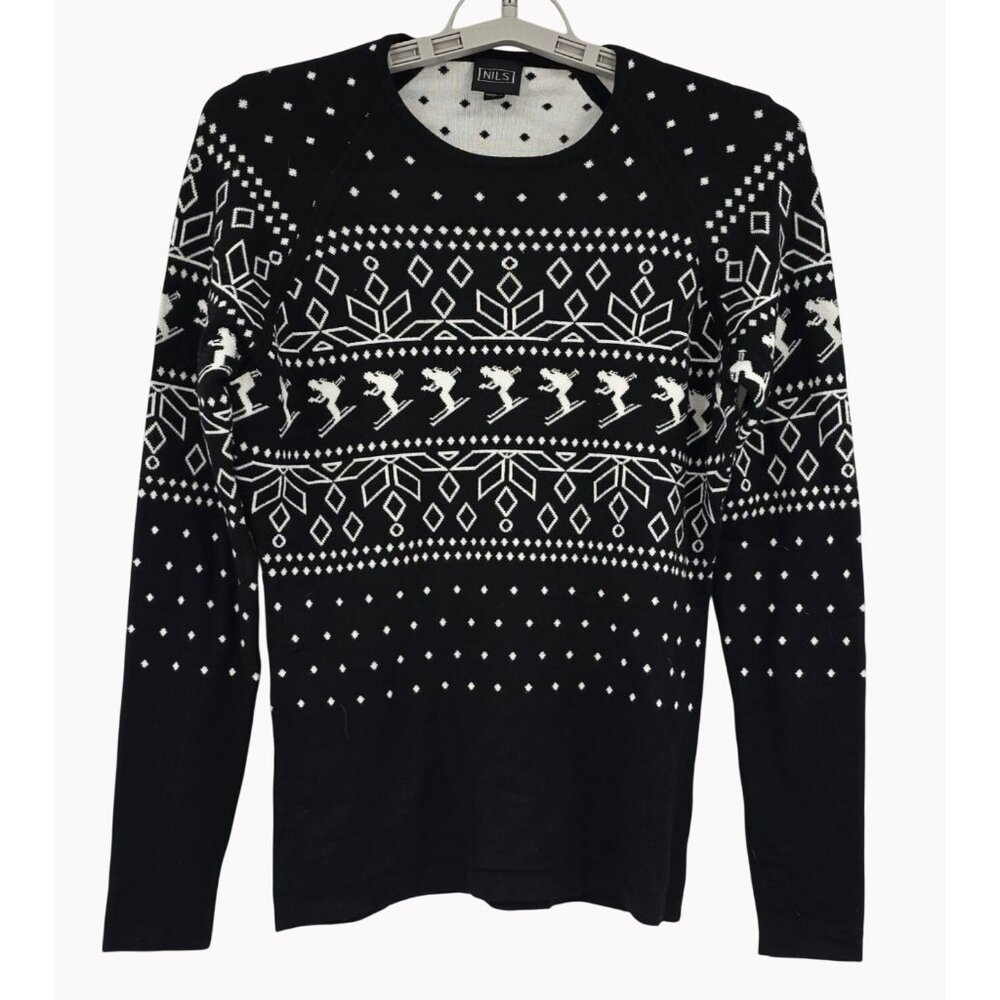 NILS Anja Womens Ski Sweater M Black White Nordic Crew Neck runs small